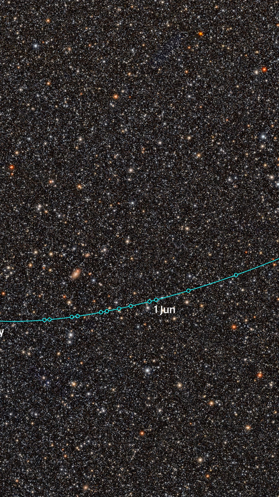 Star field with a marked arc showing the path of 2026 ED138 across the sky, with dates of the detections.